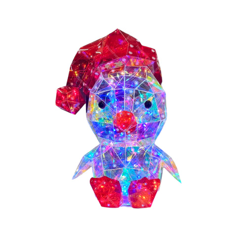 3d hologramm bunt leuchtender geometrisch gestalteter pinguin mit rotem hut und stiefeln aus led-licht