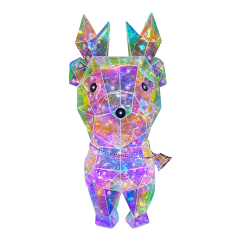 Ein 3d hologramm bunt hundefigur mit leuchtenden geometrischen formen und irisierenden facetten