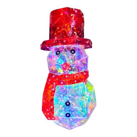 3d hollogramm bunt leuchtender geometrischer schneemann mit durchscheinendem rotem zylinder und mehrfarbigen leds