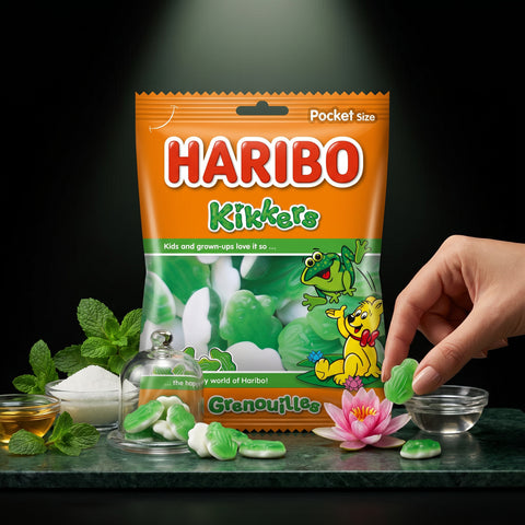 Eine leuchtend orange-grüne haribo kikkers 75g tüte mit cartoon-fröschen, einem gelben bär und dem aufdruck grenouilles