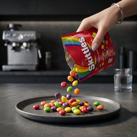 Eine lebendige rote packung skittles fruits 152g mit bunten kugelförmigen süßigkeiten auf dunklem teller