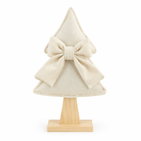 Creamfarbener stoff weihnachtsbaumanhänger baum m schleife s mit großer schleife oben auf holzständer