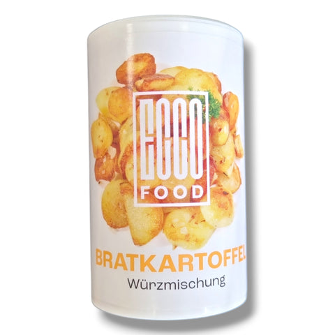 Weißer zylinderförmiger behälter mit bratkartoffel würzmischung 125g von food food mit bilder von gewürzten kartoffeln und rosmarinzweigen