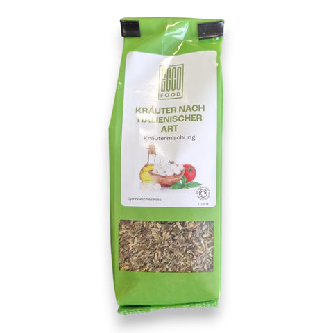 Grüne tüte italienische kräutermischung good food mit sichtfenster und getrockneten kräutern 25g