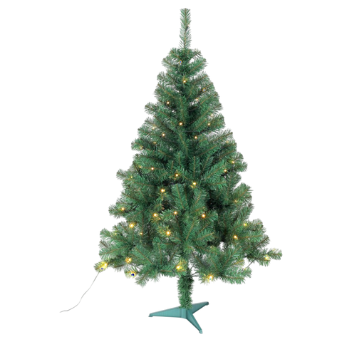 Grüner künstlicher tannenbaum 150 cm mit 80 warmweißen led-lichtern und tealfarbenem kunststoffständer