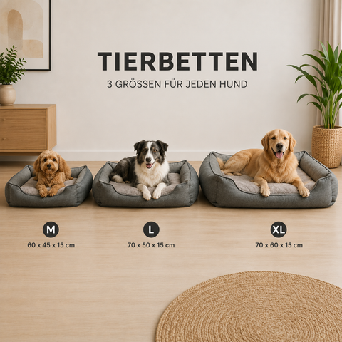 Drei graue plüsch hundebetten in mittel groß und extragroß in drei verschiedenen größen tierbett grau