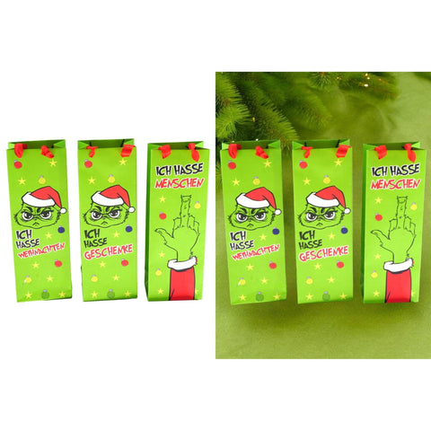 Helle grüne papptasche für weinflaschen mit dem grinch im weihnachtsmütze und rotem bandgriff flaschentasche ich hasse menschen 12x36x8 cm