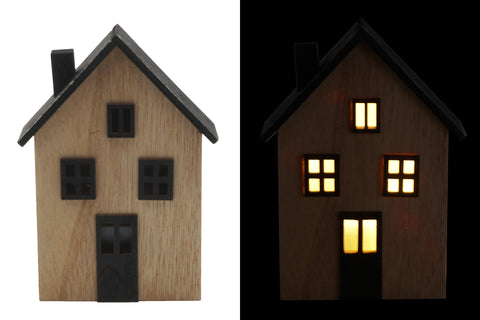 Led dekoration haus aus holz mit schwarzer umrandung und leuchtend gelben fenstern 15,2x10,7 cm