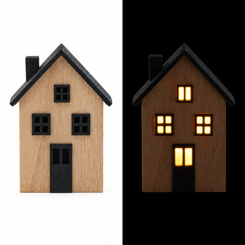 Led dekoration haus aus holz mit schwarzer umrandung und leuchtend gelben fenstern 15,2x10,7 cm