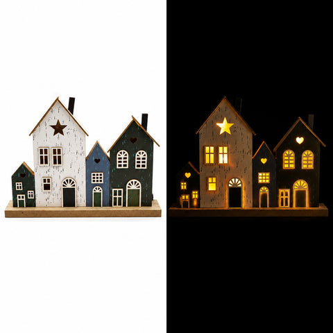 Led dekoration holz haus schnee mit drei häusern in weiß, blau und schwarz mit sternen und fenstern aus holz