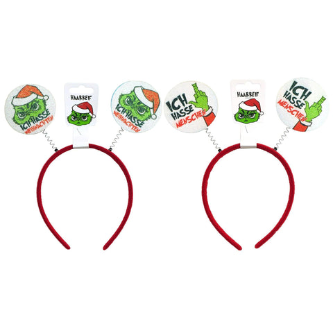 Roter elastischer haarreifen mit fröhlichen grinch charmen und sprüchen ich hasse weihnachten und ich hasse menschen