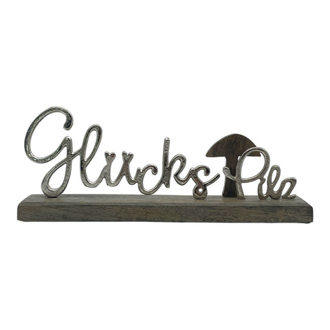 Alu Schild (Glückspilz) mit Mangoholz Füß