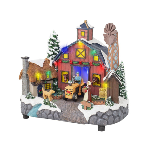 Led szene scheune mit rotem barn, schneebedecktem dach, festlichen lichtern, windmühle, traktor und miniaturfiguren
