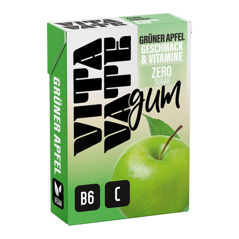 Gruener und weisser vitavite kaugummiverpackung mit bild eines gruenen apfels vitaVate gum 28,2g gruener apfel