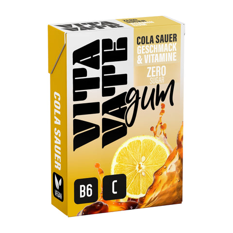 VitaVate Gum cola sauer 28,2g in gelb-weißem pack mit zitronenscheiben und cola-spritzdesign