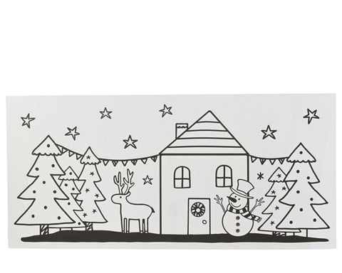 Schwarz-weißes fensterdeko pet mit festlicher winterlandschaft haus bäume rentier und schneemann aus plastik
