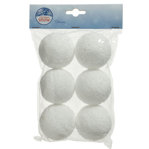 Sechs weiße schaumstoff schneeball dekorationen im klaren plastiktüte mit blauem christmas snow header