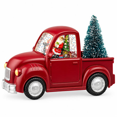 Led wassersprenkler auto rot mit warmweißen leds zeigt roten plastikweihnachtstruck mit grünem baum und santa figur