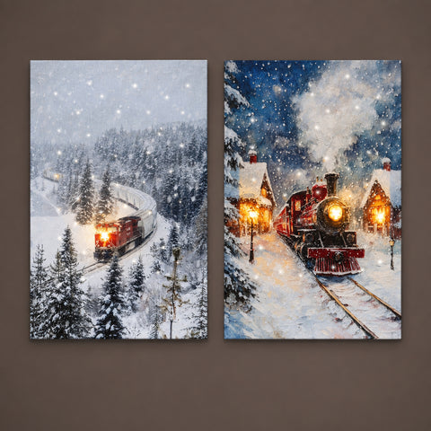 Set aus zwei weihnachtlichen leinwandbildern mit roten dampflokomotiven in verschneiter landschaft und led licht