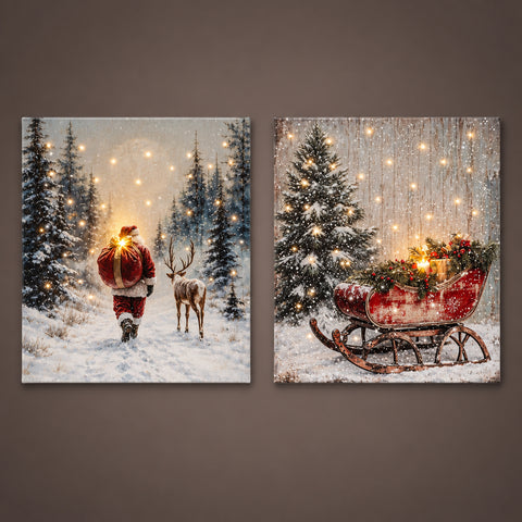 Zwei weihnachtliche dekorative led-bilder mit santa im schneewald und rotem schlitten mit warmweißen und kaltweißen leds