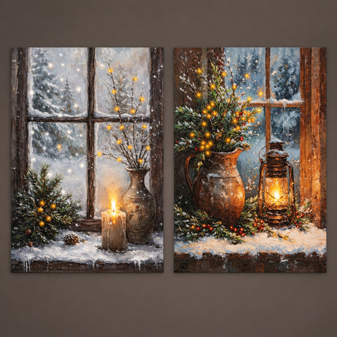 Cozy winter-themed canvas art with warmwhite and coldwhite led candle flash effect featuring snowdusted windows and rustic decor
