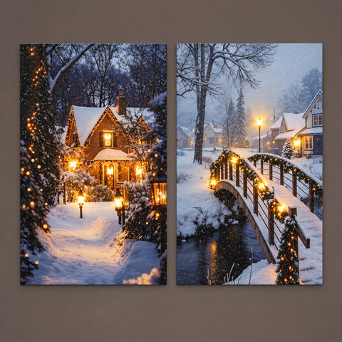 Led bild cozy warmweiße led 1.5x28x38cm mit schneebedecktem wintermotiv und gemütlichem beleuchteten haus