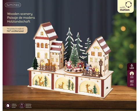 LED Szene Holz Stadt mit Bewegung warmweiße LED 10x27x22cm