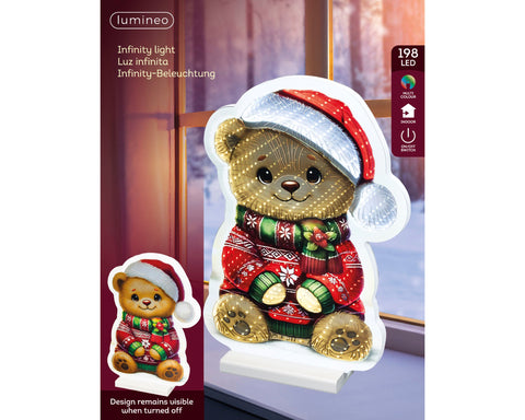 Led infinity bär bunt brauner teddy mit rotem grünen festlichen pullover und silberner weihnachtsmütze
