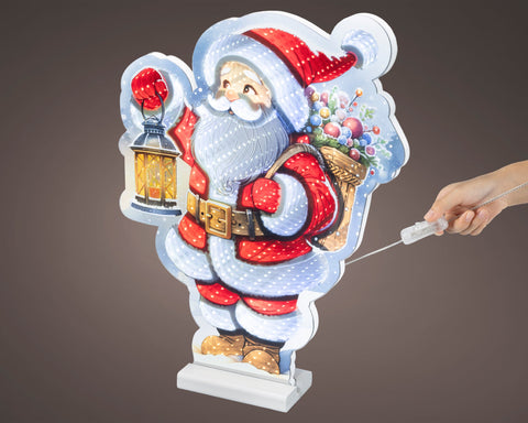 Ein festlicher beleuchteter led infinity santa rucksack mit rotem weihnachtsmann-motiv und goldenen akzenten