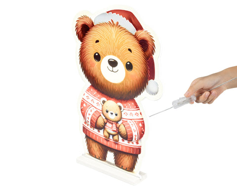 Led infinity bär bunt 1.3x36.5x57cm ein brauner plüschbär mit weihnachtshut und rotem pullover mit schneeflocken hält einen kleinen teddybär