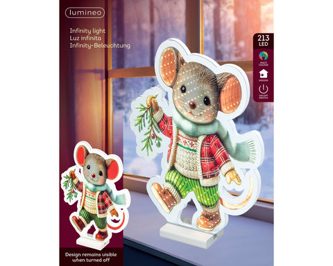 A charmant illustrierte weihnachtsmaus figurine in rot-grün kariertem pullover mit led infinity effekt