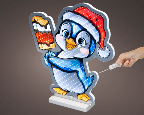Led infinity pinguin bunt blau weiß beleuchtet mit rotem weihnachtshut und buntem eis am stiel