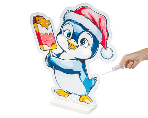 Led infinity pinguin bunt 1.3x32.5x36.5cm blaue und weiße cartoon-pinguin-ausschnitt mit rotem weihnachtshut hält bunten eisriegel