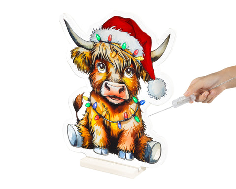 Led infinity büffel bunt 1.3x31x39.5cm festlicher highland-rind-schnitt mit led-lichtern und rotem santahut