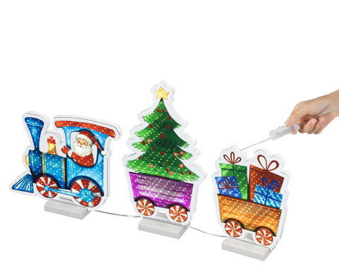 Led infinity zug warmweiße led mit festlicher beleuchtung blauem lok, weihnachtsmann und bunten plastikwagen