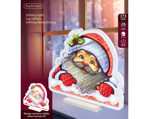 Led infinity santa bunt led weihnachtsfensterdekoration mit rotem und weißem hut, bart und schneeflockenakzenten