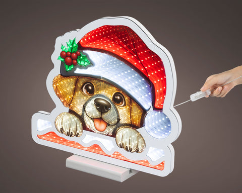 Ein festliches led infinity hund bunt 1.3x32.5x30cm mit goldenem welpen in rotem punkteweihnachtshut und holly-beeren