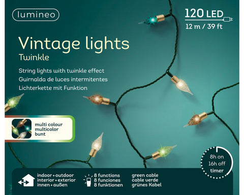 Led vintage lichterkette lumineo mit 120 bunten leds auf grünem kabel und multicolor twinkle-effekt outdoors