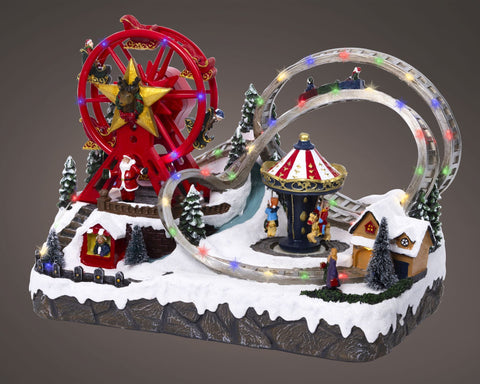 Micro led szene polyresin flash-effekt indoor rote und goldene beleuchtete riesenrad mit sternförmigem zentrum und weihnachtsmannfigur