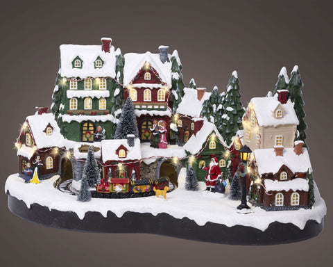Led szene polyresin dauerbetrieb indoor weihnachtsdorf beleuchtung mit schneebedeckten häusern mini zug und roten grünen figuren