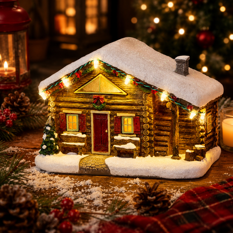 Eine gemütliche schneebedeckte loghütte figur mit warmweißen led-lichtern und festlichen girlanden 12x18,5x12,5cm