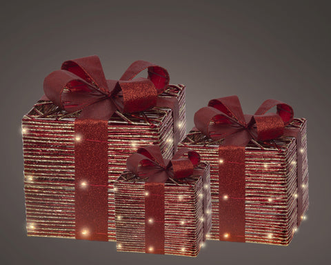 LED Geschenkschachteln 3er Set rot warmweiße LED 25x25x30cm