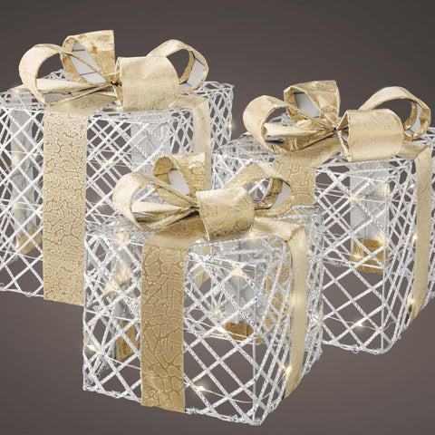 Delikate mikro-led geschenkschachteln 3er set silber mit leuchtenden silberdrahtrahmen und goldenen schleifen