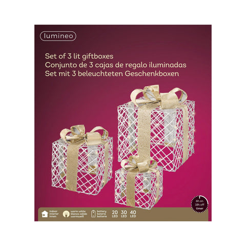 Set aus drei mikro-led geschenkschachteln in silber mit weißen lattices und goldenen schleifen für innenbeleuchtung