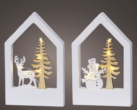 Weiße holzhausförmige micro led szene sperrholz dekorative beleuchtung mit rentier oder schneemann und tannensilhouette