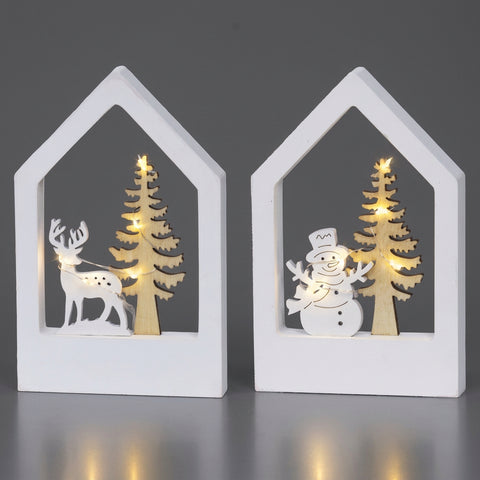 Weiße holzhausförmige micro led szene sperrholz dekorative beleuchtung mit rentier oder schneemann und tannensilhouette