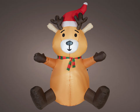 Led aufblasbare orange reindeer mit braunen geweihen, rotem santahut und grün-rot gestreiftem schal