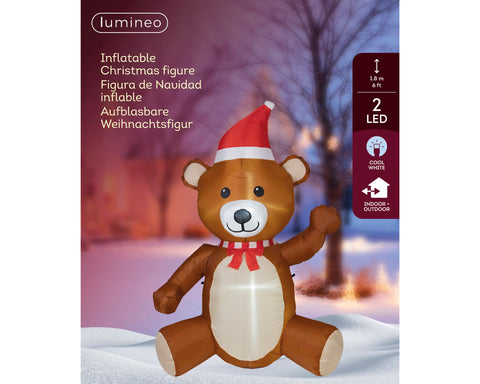 Brauner aufblasbarer teddy mit rotem santa hut und schleife mit kaltweißer led beleuchtung 70x120x180cm