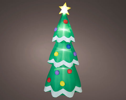 Grüner aufblasbarer weihnachtsbaum mit leuchtendem gelben stern und bunten kugeln im led aufblasbarer bär kaltweiße led 80x80x190cm