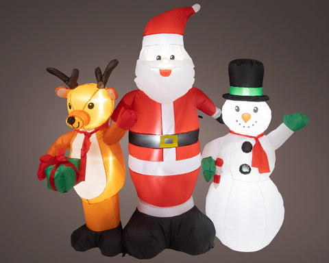 Led aufblasbare weihnachtsszene mit santa claus in rotem anzug, orangenem rentier und schneemann mit kaltweißen leds